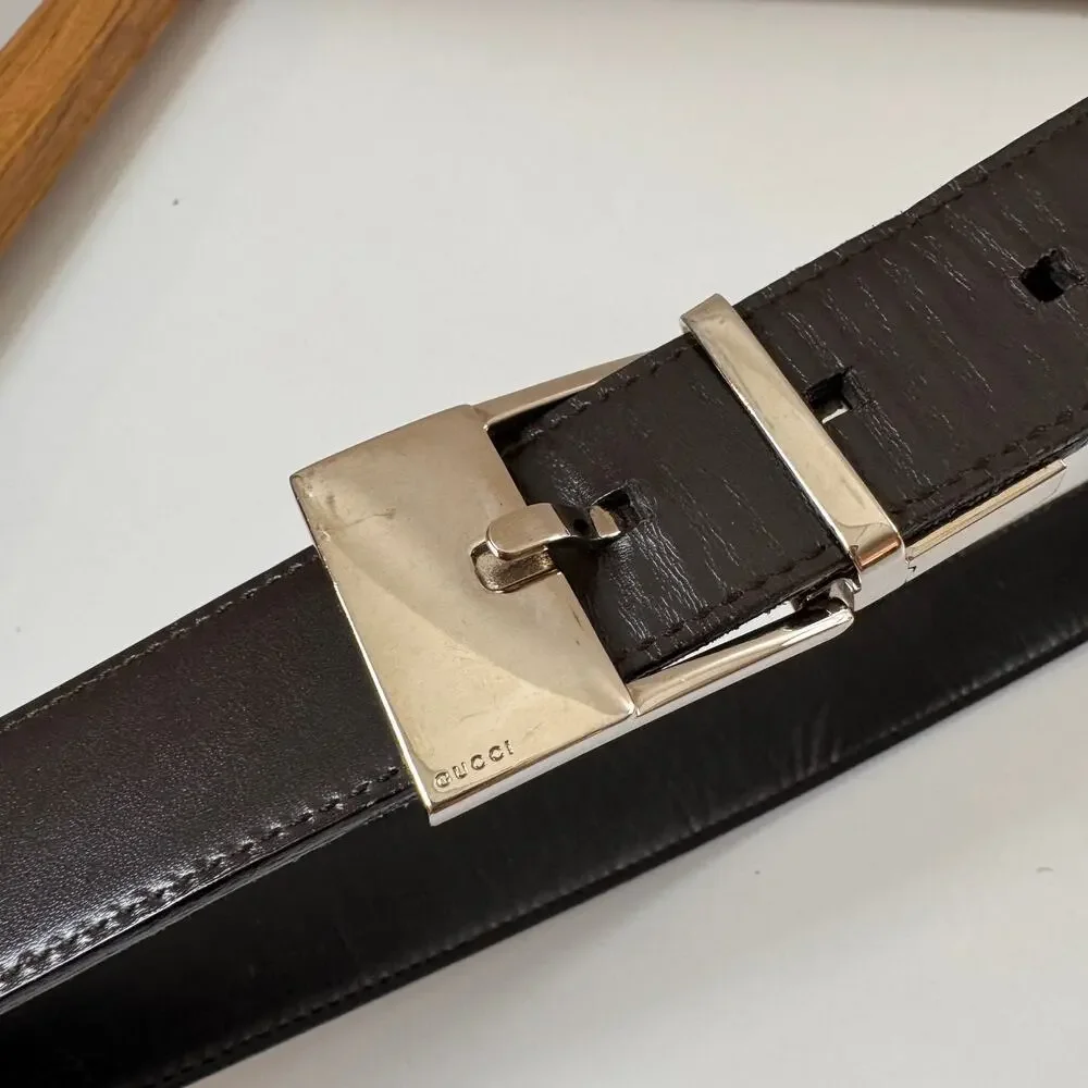 GUCCI Men's Calf Belt Black Leather Nickel Silver Tone Single Tongue Buckle USED
